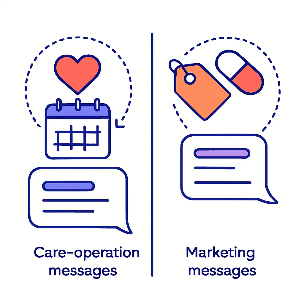 Split illustration comparing care‑operation messages and marketing messages with distinct icons and dotted lines.
