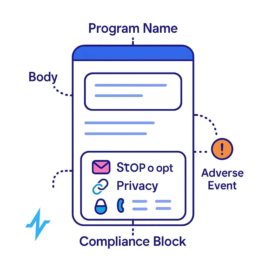 A balanced scale with a pill and a caution symbol connected to a message bubble by dotted lines.