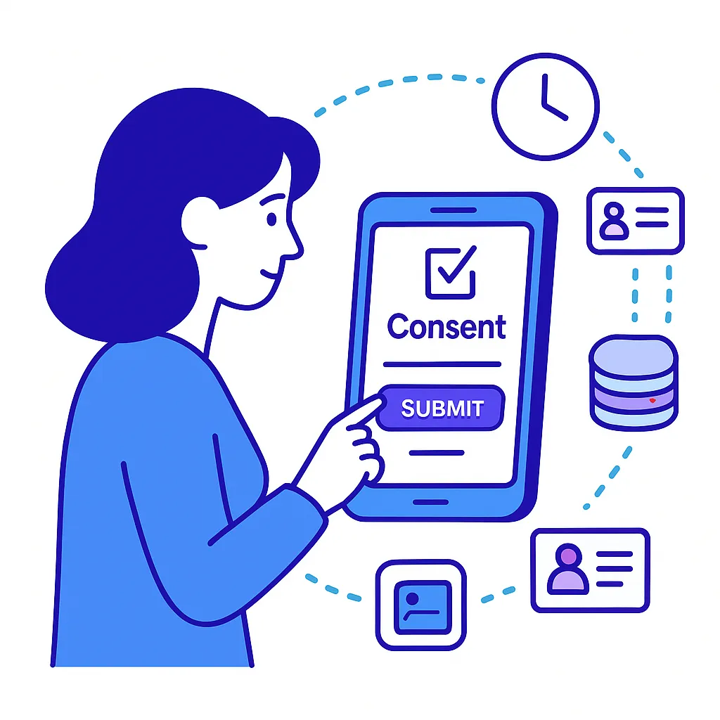 Person submitting consent on a mobile device with dotted lines linking to timestamp and database icons.