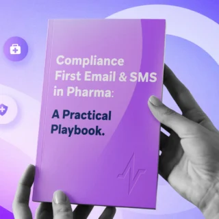Hands holding a purple playbook titled “Compliance First Email & SMS in Pharma: A Practical Playbook” with healthcare icons.