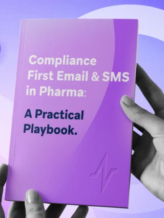 Hands holding a purple playbook titled “Compliance First Email & SMS in Pharma: A Practical Playbook” with healthcare icons.