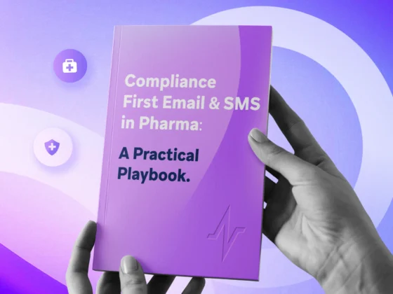 Hands holding a purple playbook titled “Compliance First Email & SMS in Pharma: A Practical Playbook” with healthcare icons.