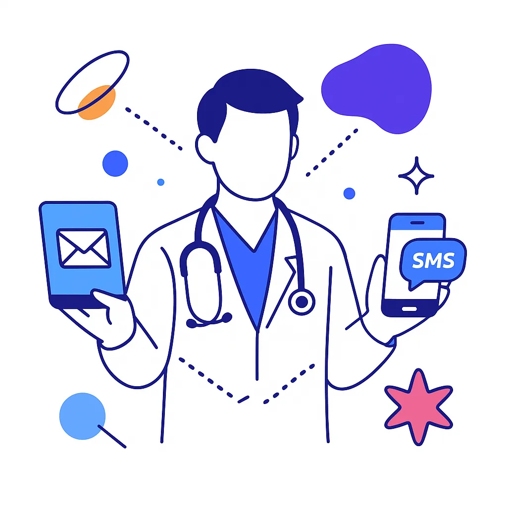 Doctor holds tablet and phone with email and SMS icons, surrounded by dotted connectors, illustrating digital engagement.