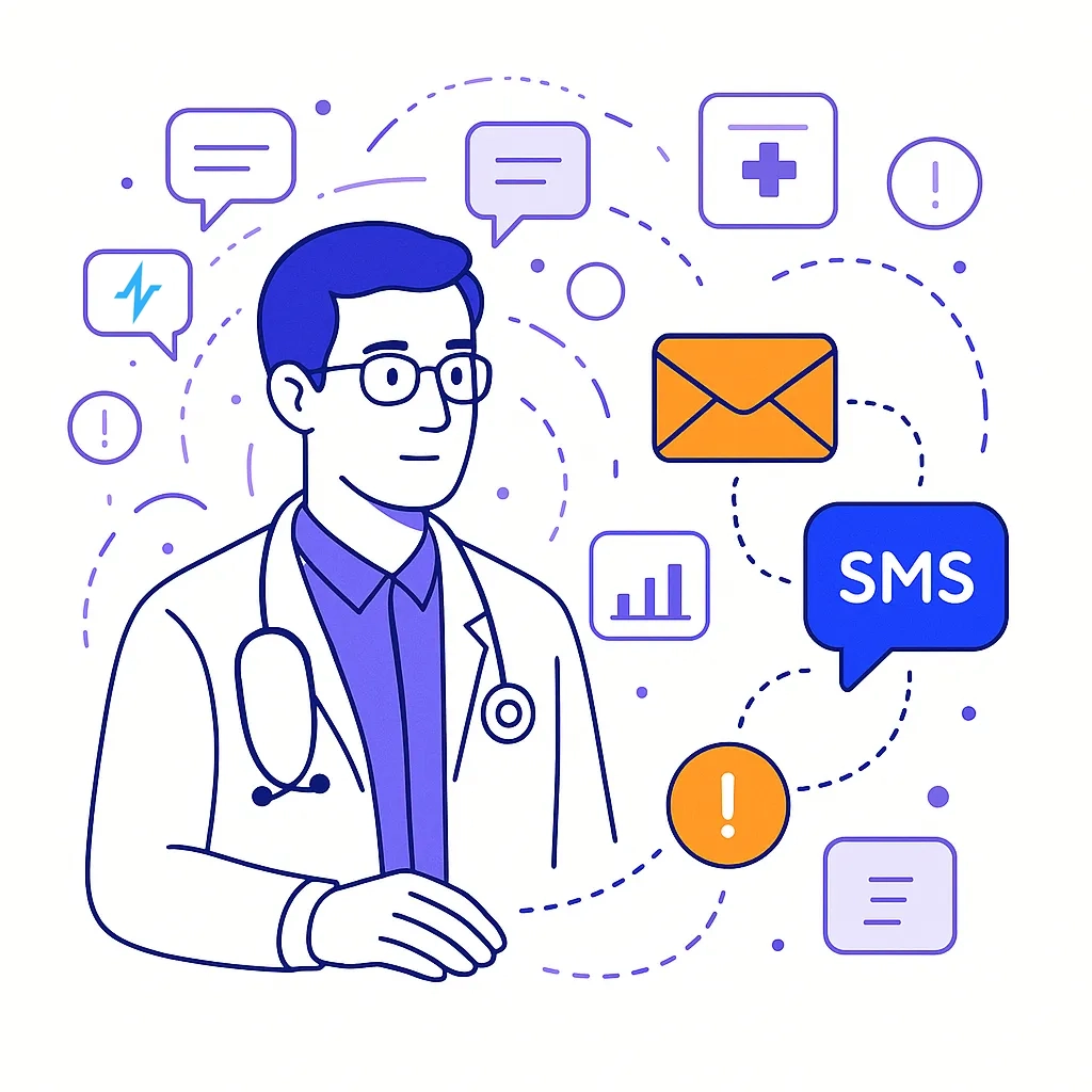 A doctor surrounded by various digital notifications with email and SMS icons connected by dotted lines.