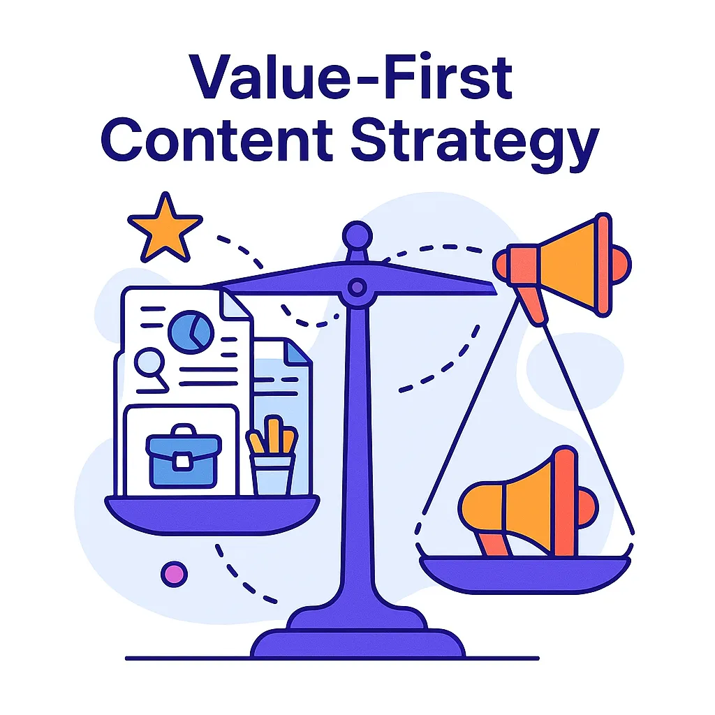 Scale weighs research papers and tools versus a megaphone, depicting value‑first content strategy.