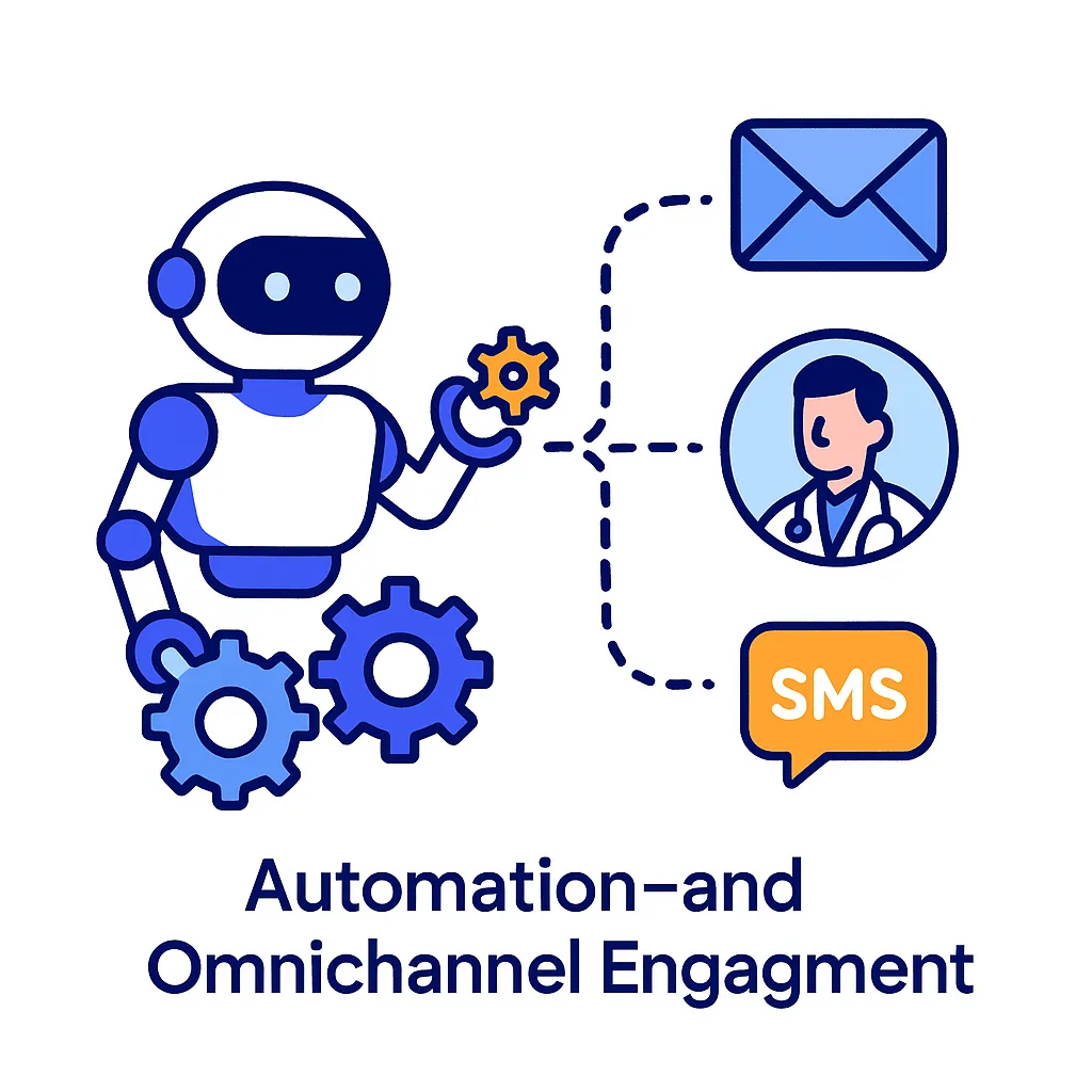 Circular arrangement of email, robot arm, gear, calendar, and computer icons shows rhythm and automation.