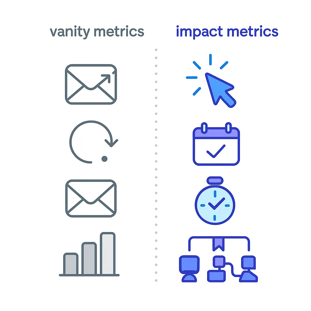 Two columns contrast muted vanity metrics icons with vibrant impact metrics icons, highlighting meaningful metrics.