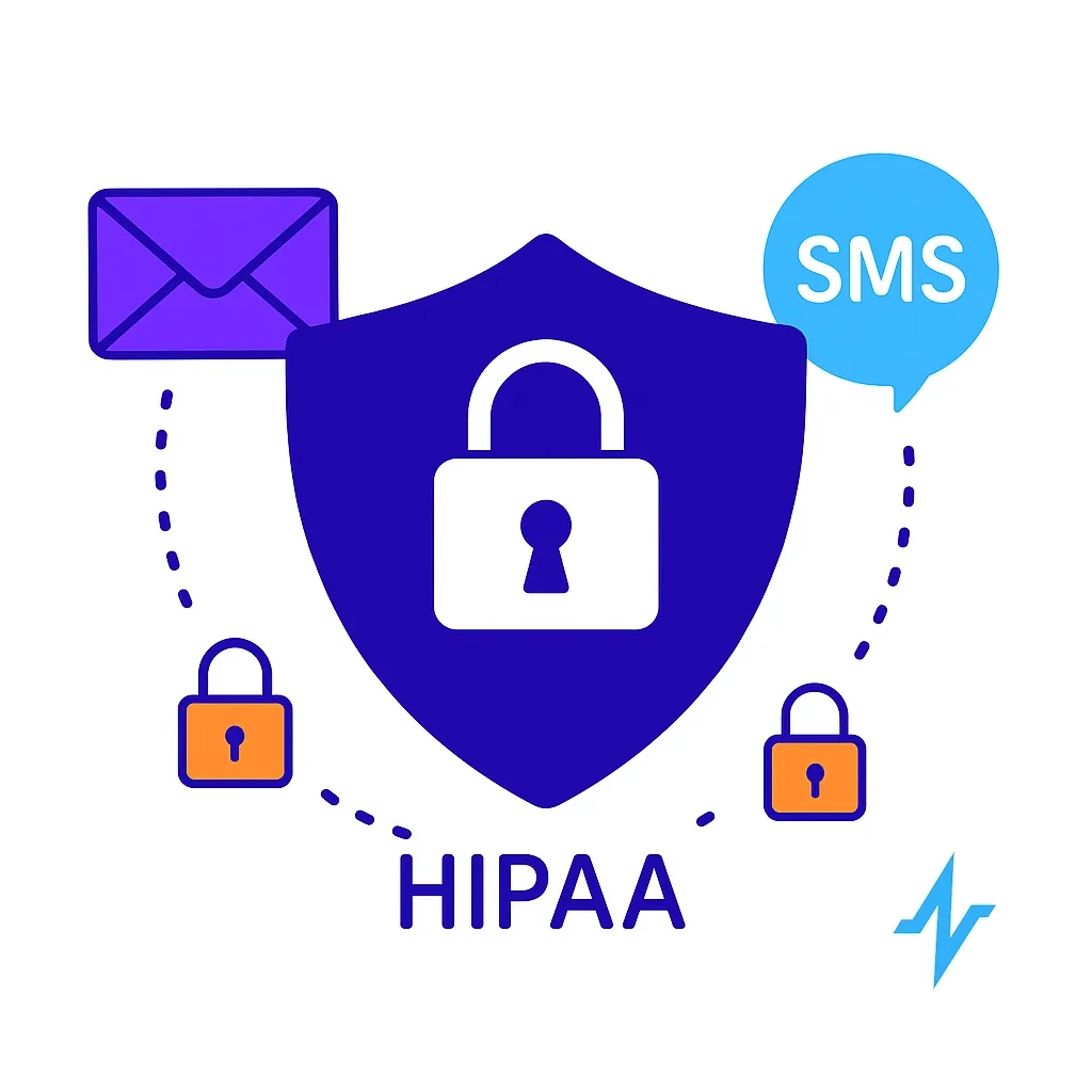 Large shield connects to email and SMS icons secured by padlocks, illustrating regulatory compliance and trust.