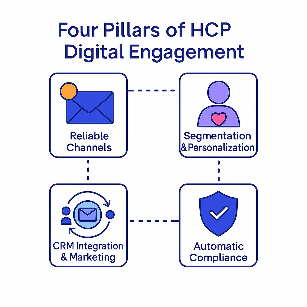 An infographic with four icons for reliable channels, personalization, integration, and compliance linked by dotted lines.