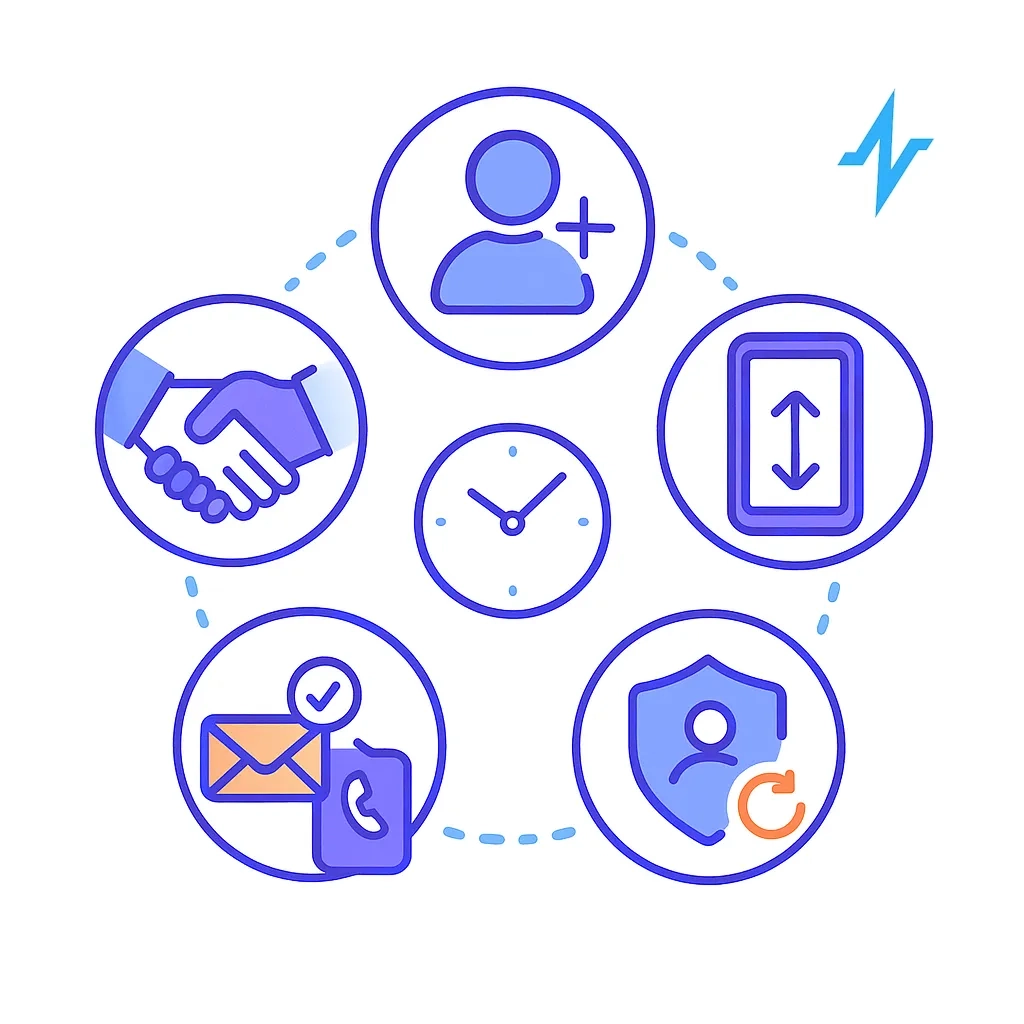 Circular arrangement of handshake, profile, smartphone, clock, envelope with phone, and shield icons depicts pro tips.