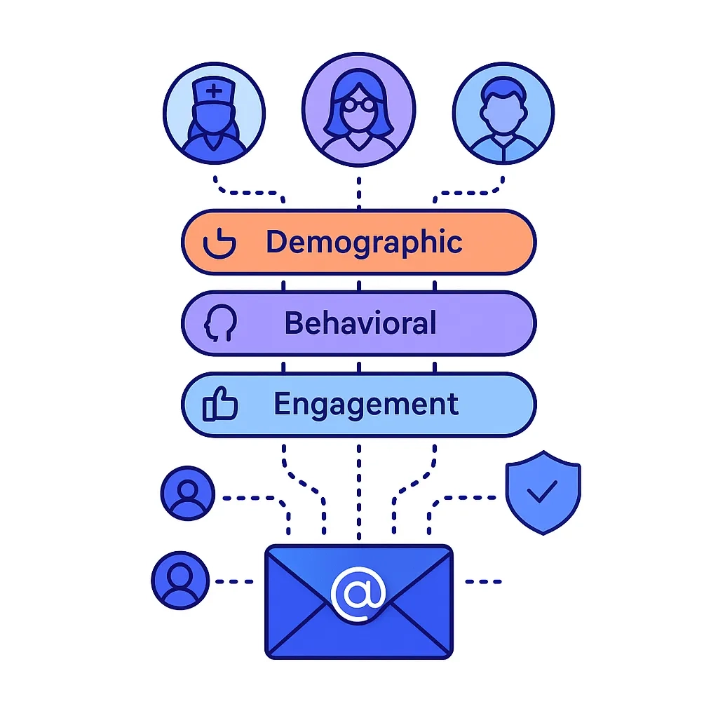 Funnel layers labeled demographic, behavioral, access or payer, and engagement feed into an envelope icon.