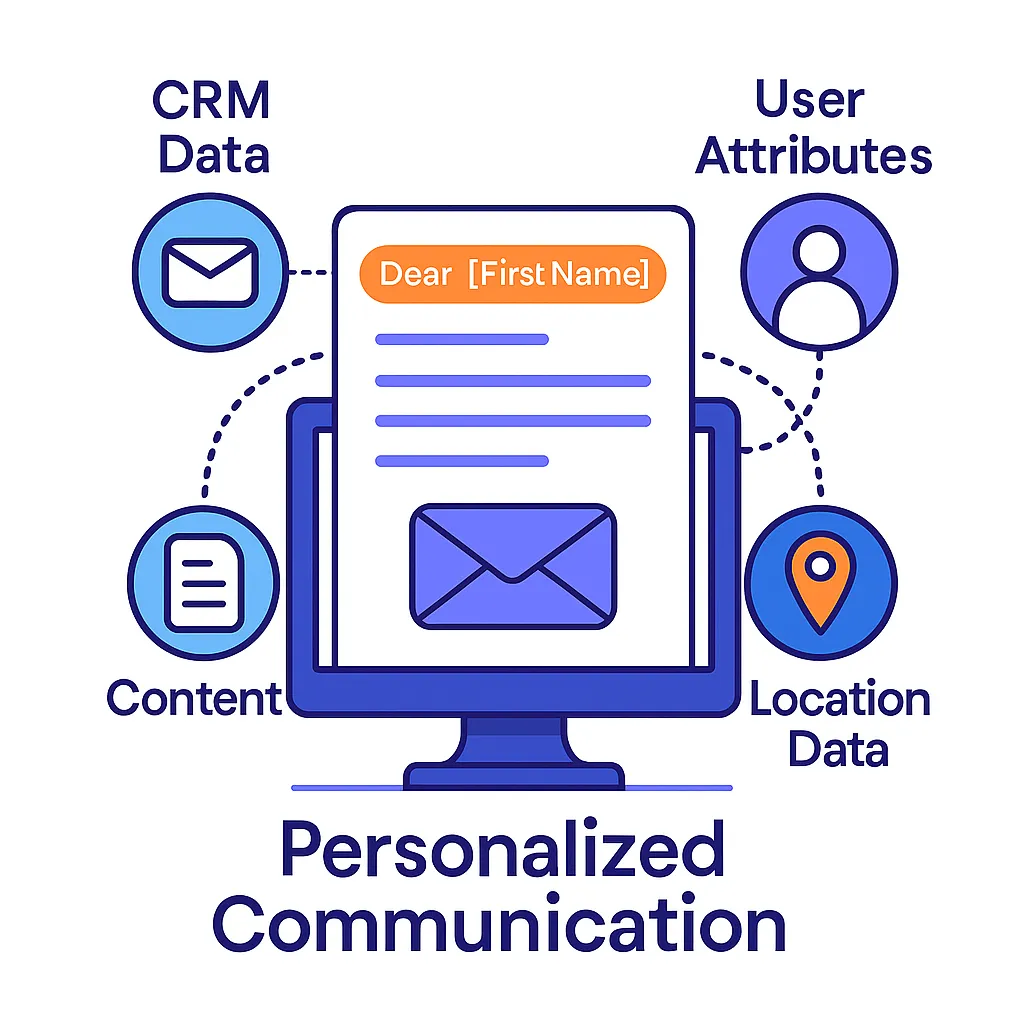 Woman at laptop sends email and SMS messages linked to a doctor icon, representing personalized engagement.