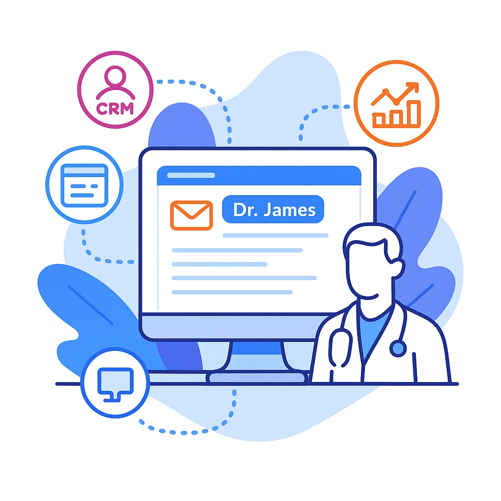 Diagram radiates from a clinician to contextual follow‑up, adaptive cadence, and behavioral branching icons.