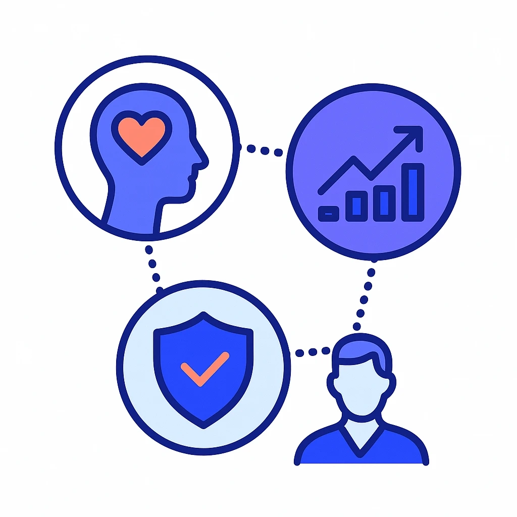 Illustration showing empathy, data analytics, compliance and patient stakeholder icons interconnected to represent core elements of pharmaceutical marketing relationships.