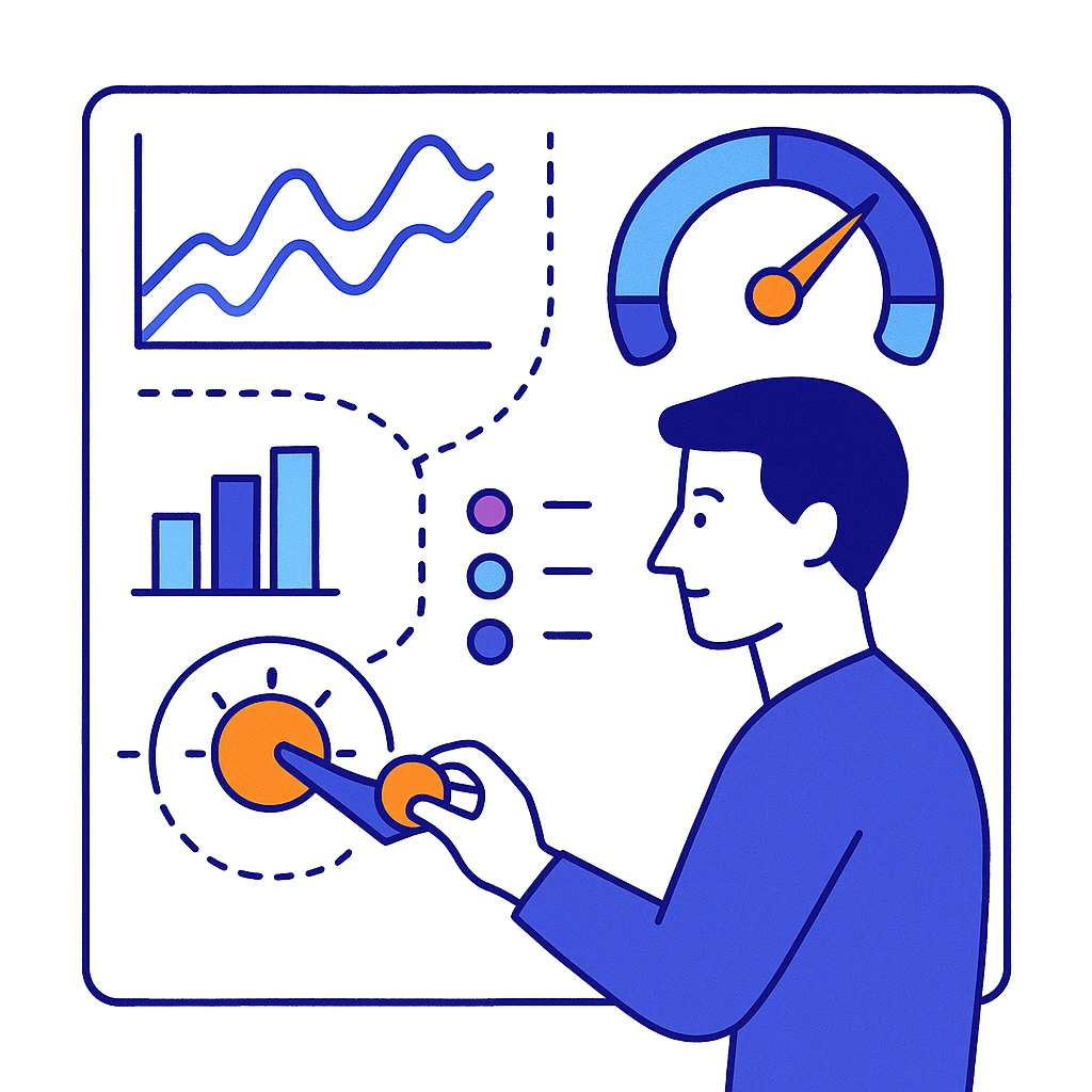 A marketer adjusts a dashboard with graphs, gauges and dials to depict real‑time analytics enabling on the fly optimization of pharma marketing campaigns.