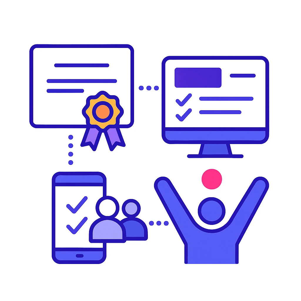 Icons of certificates, checklists, smartphones and a celebrating figure connected by dotted lines illustrate Pulse Health’s certification and training programs.