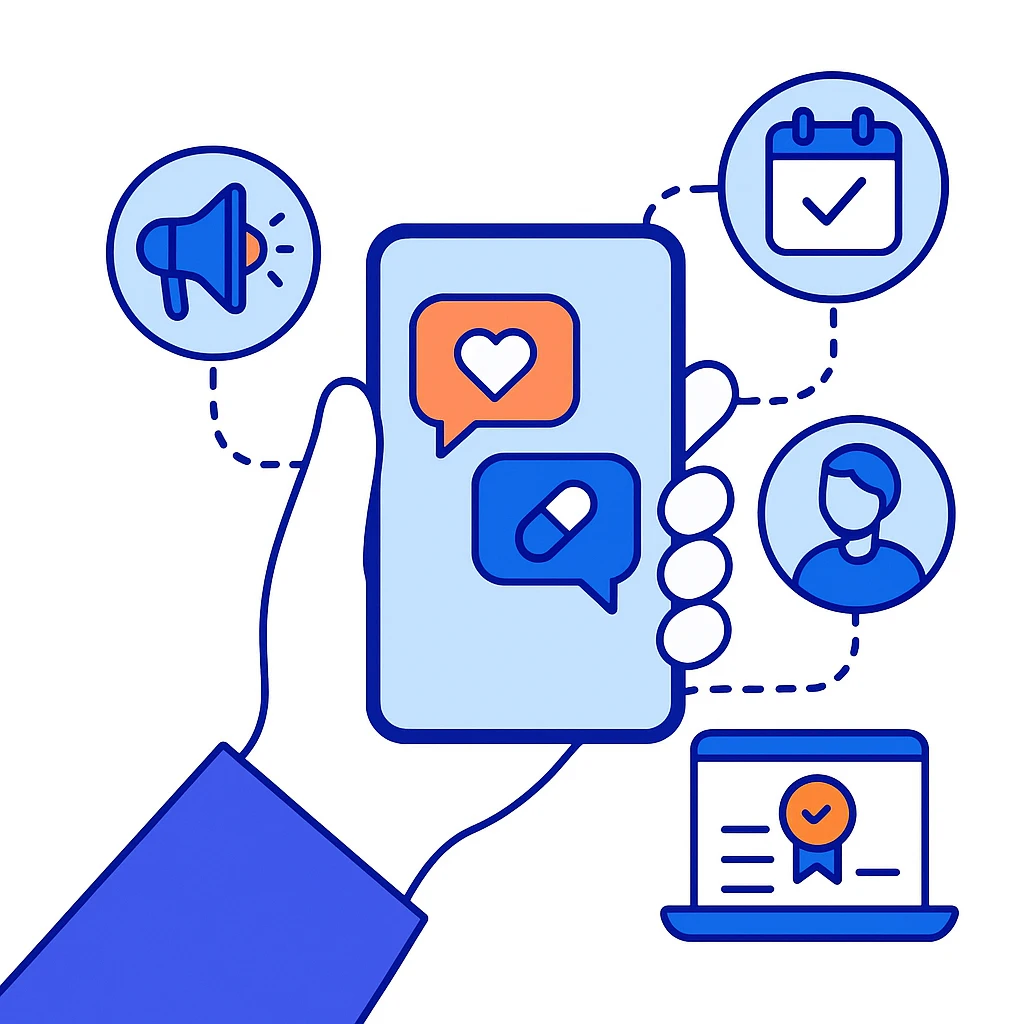 A hand holds a smartphone with heart and pill message icons surrounded by calendar, megaphone and user icons to depict personalized pharmaceutical marketing.