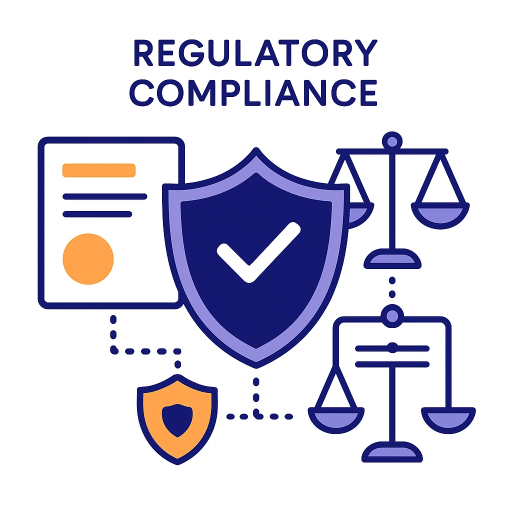 A large shield with a check mark, scales of justice and legal documents connected by dotted lines emphasize the importance of regulatory compliance in pharma marketing.