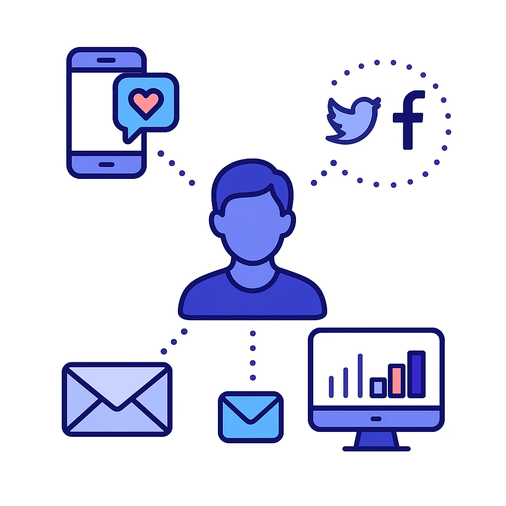 An individual at the center connects via dotted lines to a smartphone, email, social media icons and a computer, representing omnichannel engagement strategies.