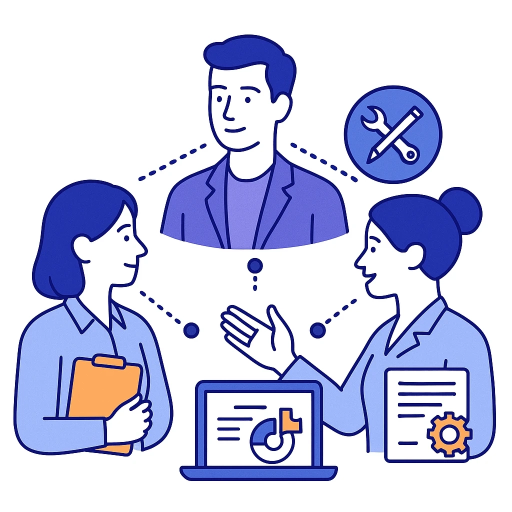 Three marketing professionals collaborate with laptop dashboards and dotted connections symbolizing CRM systems that centralize customer data for pharma marketing.
