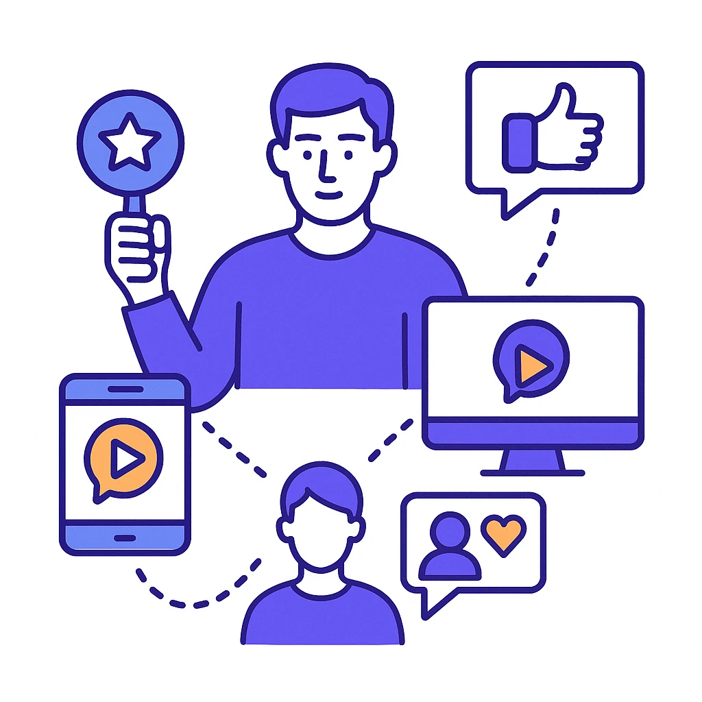 An influencer holds a star and shares content across mobile and desktop screens while followers and reactions connect via dotted lines, illustrating influencer marketing.