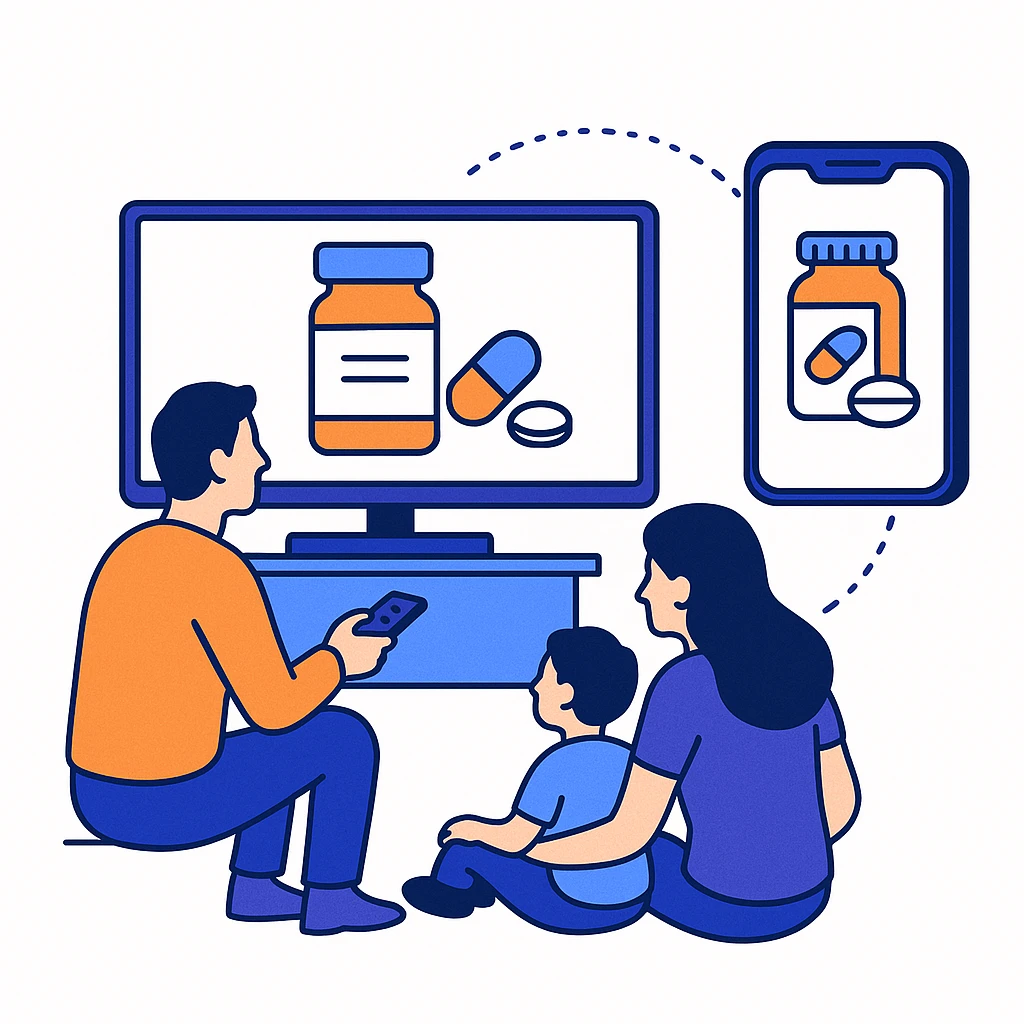 A family watches a medicine commercial on TV linked by dotted lines to the same ad on a smartphone, illustrating direct to consumer pharmaceutical marketing.