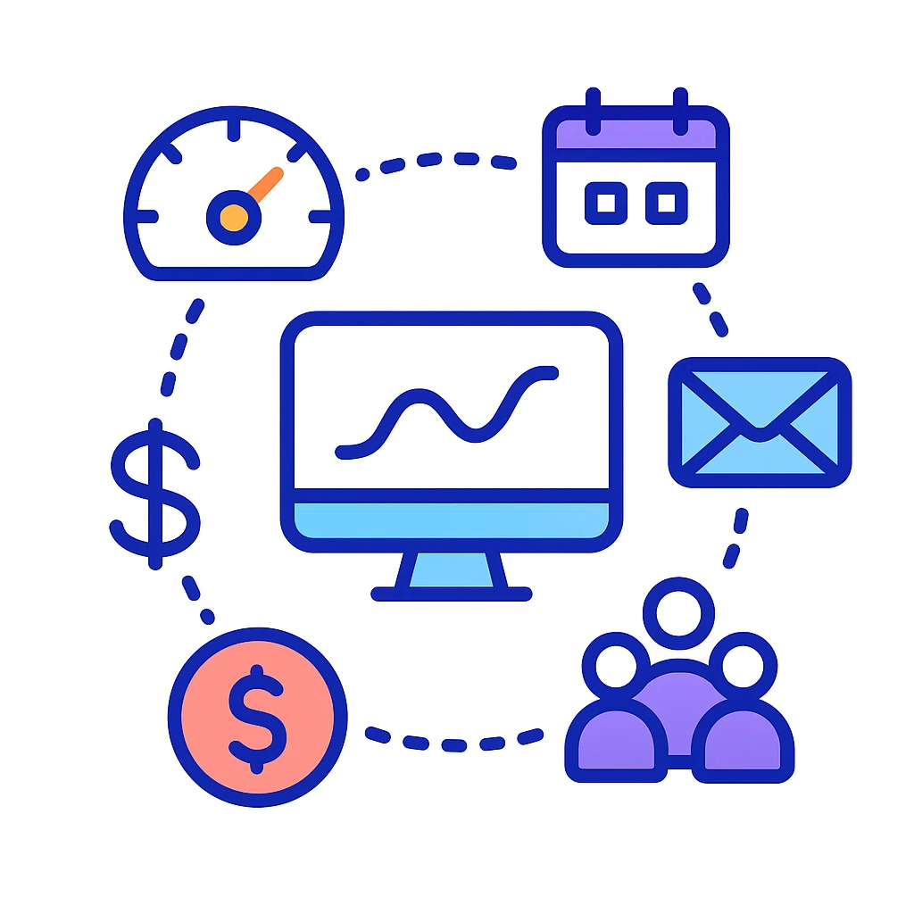 A central analytics screen surrounded by a gauge, calendar, envelope, dollar signs and people icons connected by dotted lines represents key marketing KPIs and metrics.