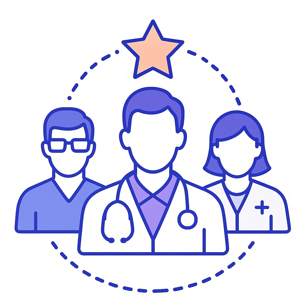 Group of healthcare professionals with a star above the central figure representing key opinion leaders who influence medical decisions.