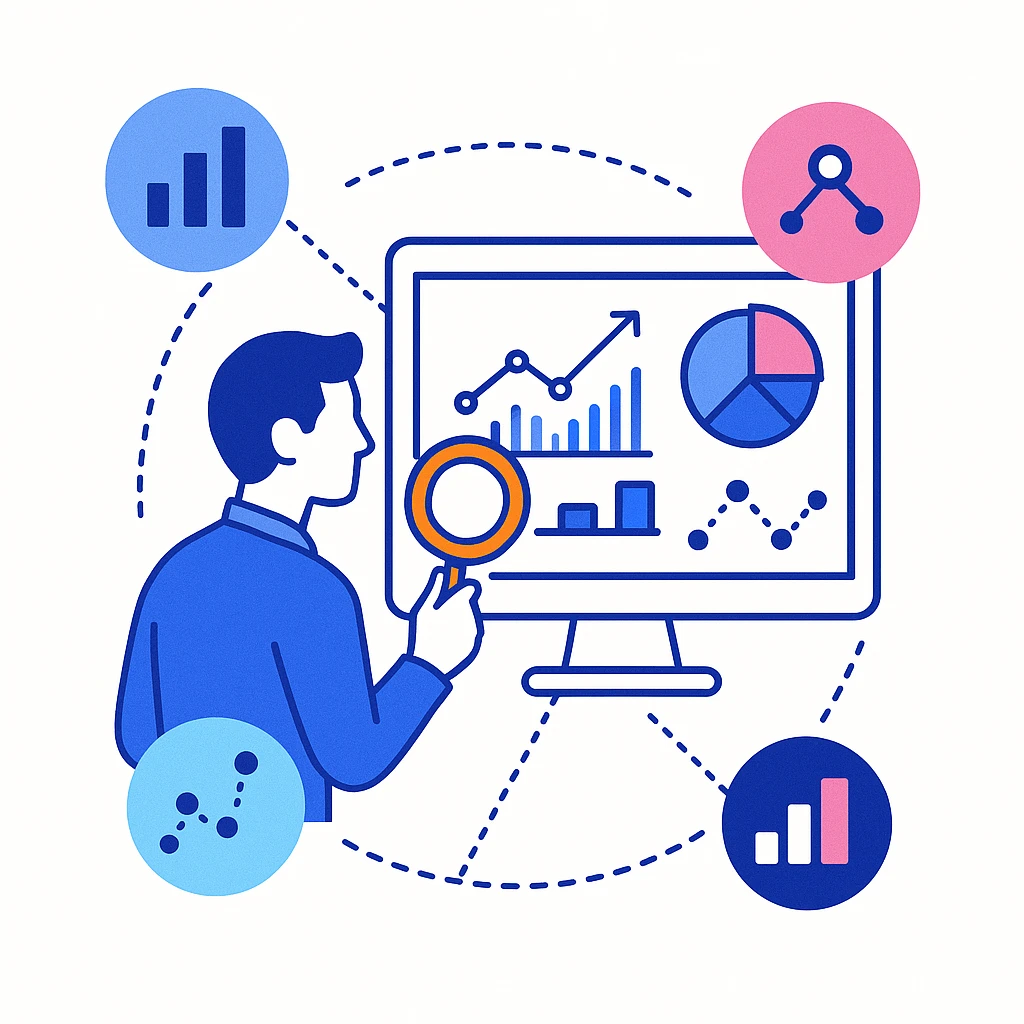 A marketer analyzes charts and dashboards surrounded by data icons, symbolizing data analytics in pharmaceutical marketing.