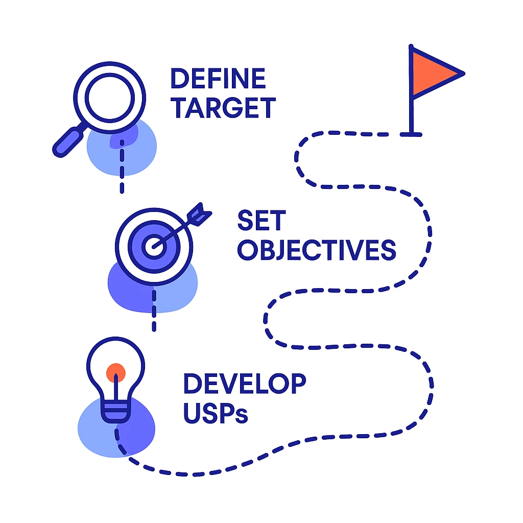A dotted path connecting a magnifying glass, target and lightbulb icon illustrates defining the target, setting objectives and developing USPs.