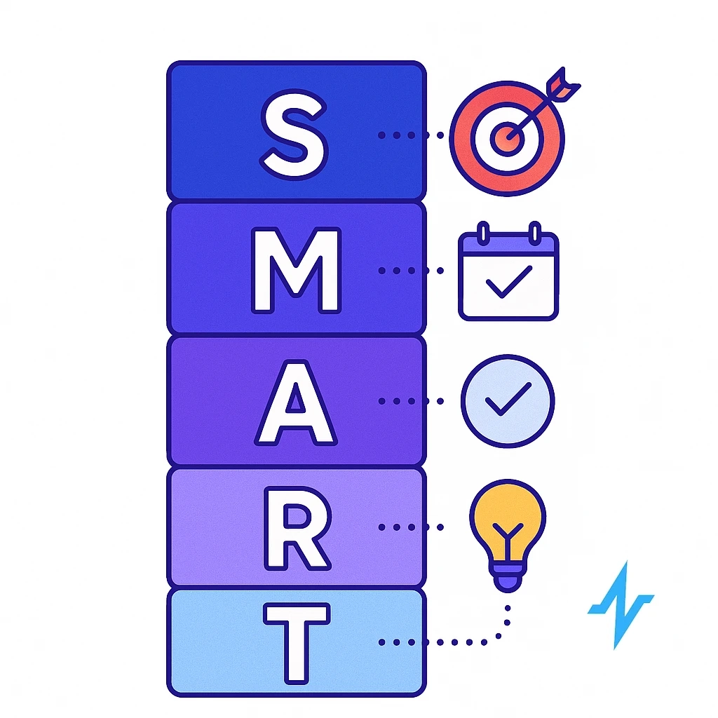 Stacked blocks labeled S, M, A, R, T with icons show the SMART framework for setting specific, measurable, achievable, relevant and time bound marketing objectives.
