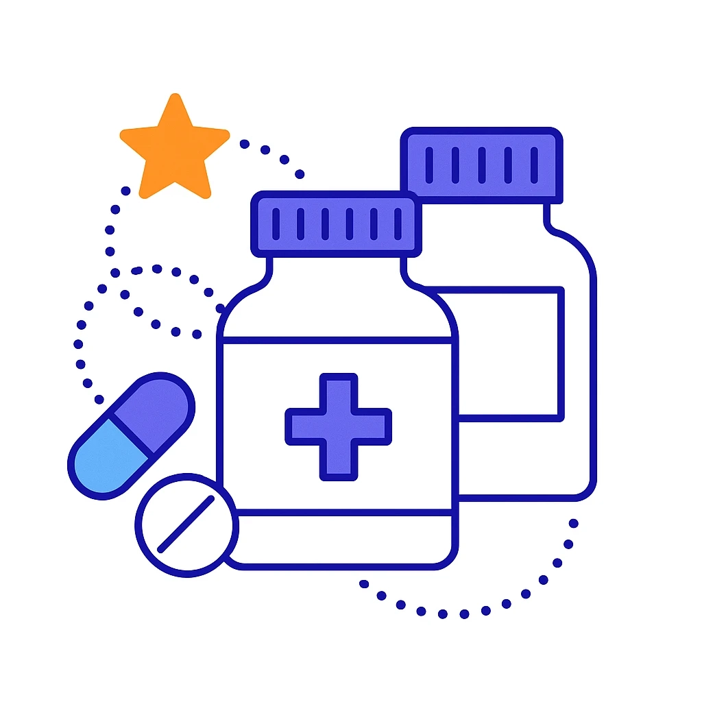 Medicine bottles, pills and a star connected by dotted lines visualize crafting unique selling propositions that differentiate pharmaceutical products.