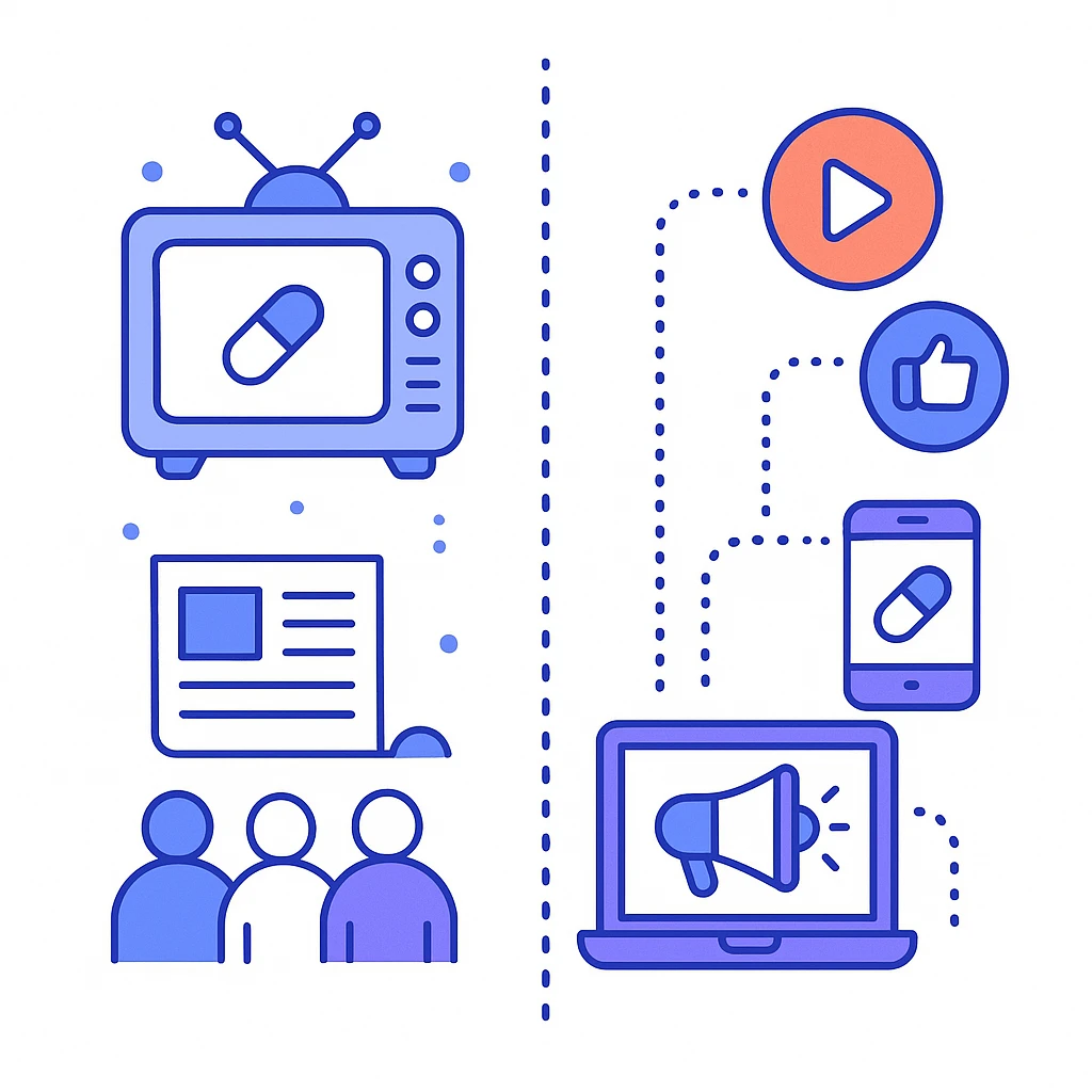 A split illustration contrasts traditional TV and print advertising with digital channels like social media and mobile, highlighting pharma’s shift to digital marketing.