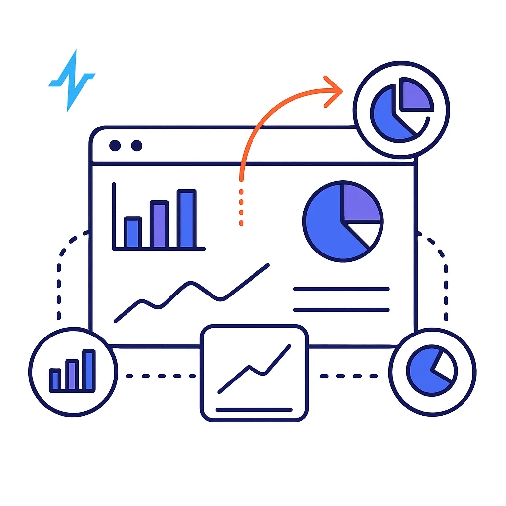 Multiple small pie charts flow into a larger chart via dotted lines and arrows, symbolizing unified optimization of marketing performance.