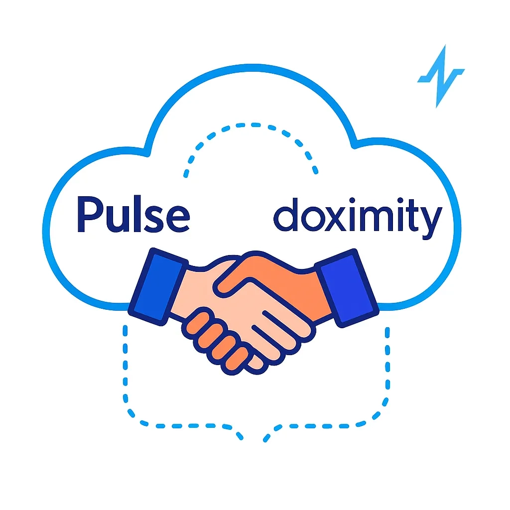Person looks at a dashboard with charts while user, gear and check icons connect via dotted lines, representing identity and automation in Pulse.