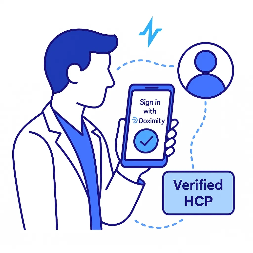 Minimalist drawing of a doctor using a mobile device showing a verified HCP sign‑in with check mark and dotted‑line connector.