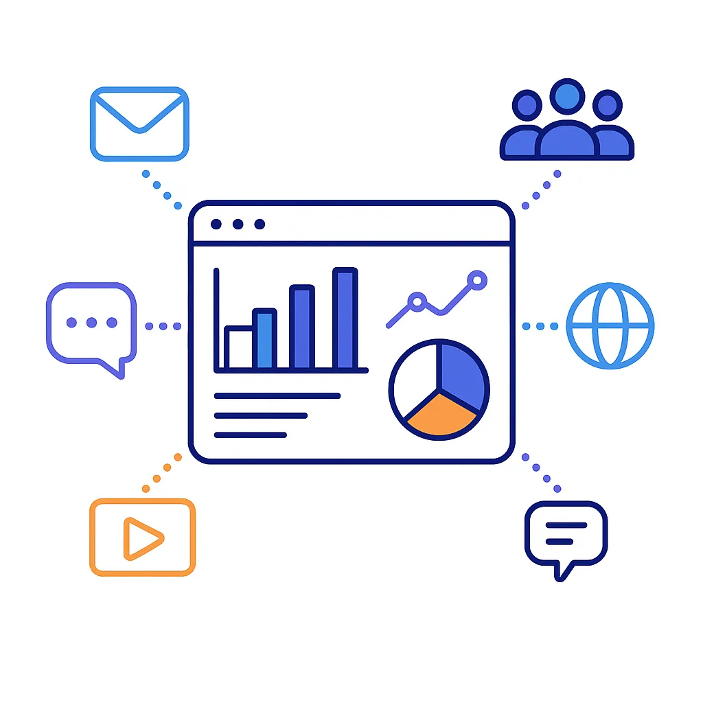 Illustrated digital dashboard with bar, pie and line charts connected to media icons via dotted lines for unified analytics.