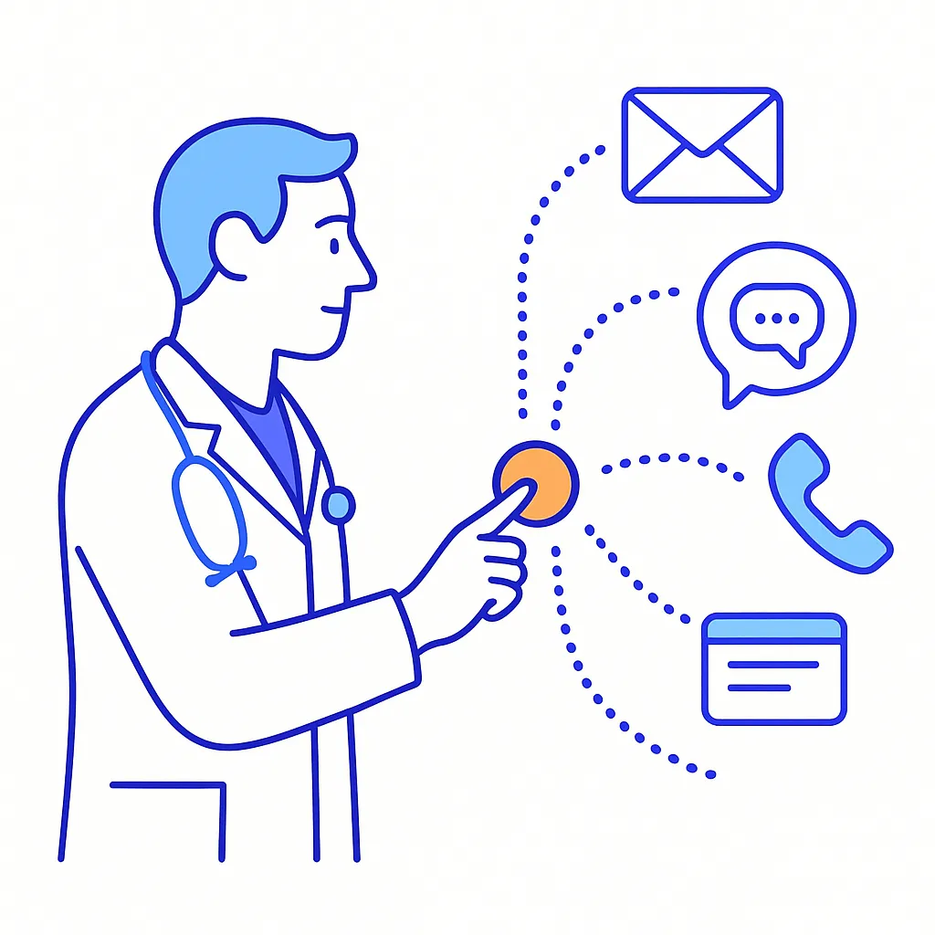 Doctor presses a button triggering email, phone and website icons through dotted‑line connectors representing automated outreach.