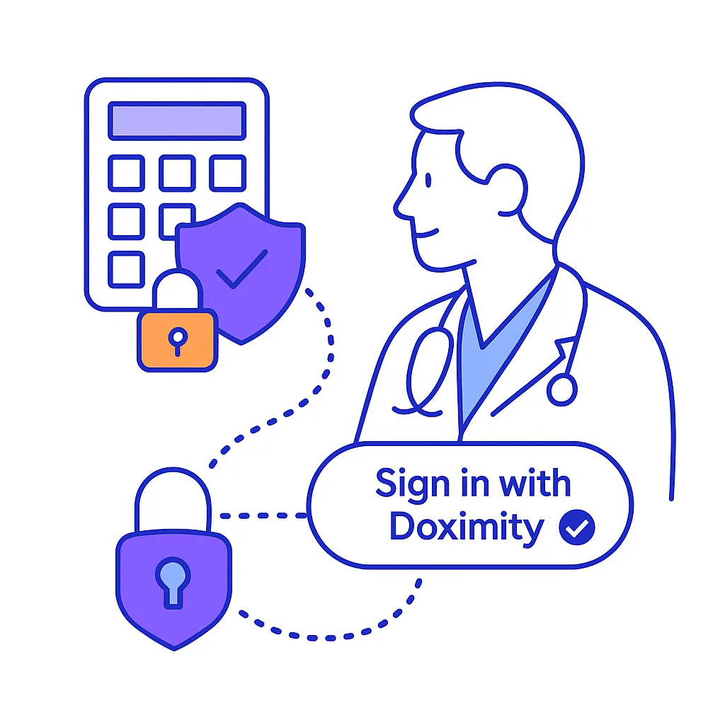 Illustration of a dosing calculator locked behind a padlock with doctors signing in via Doximity to gain verified access.