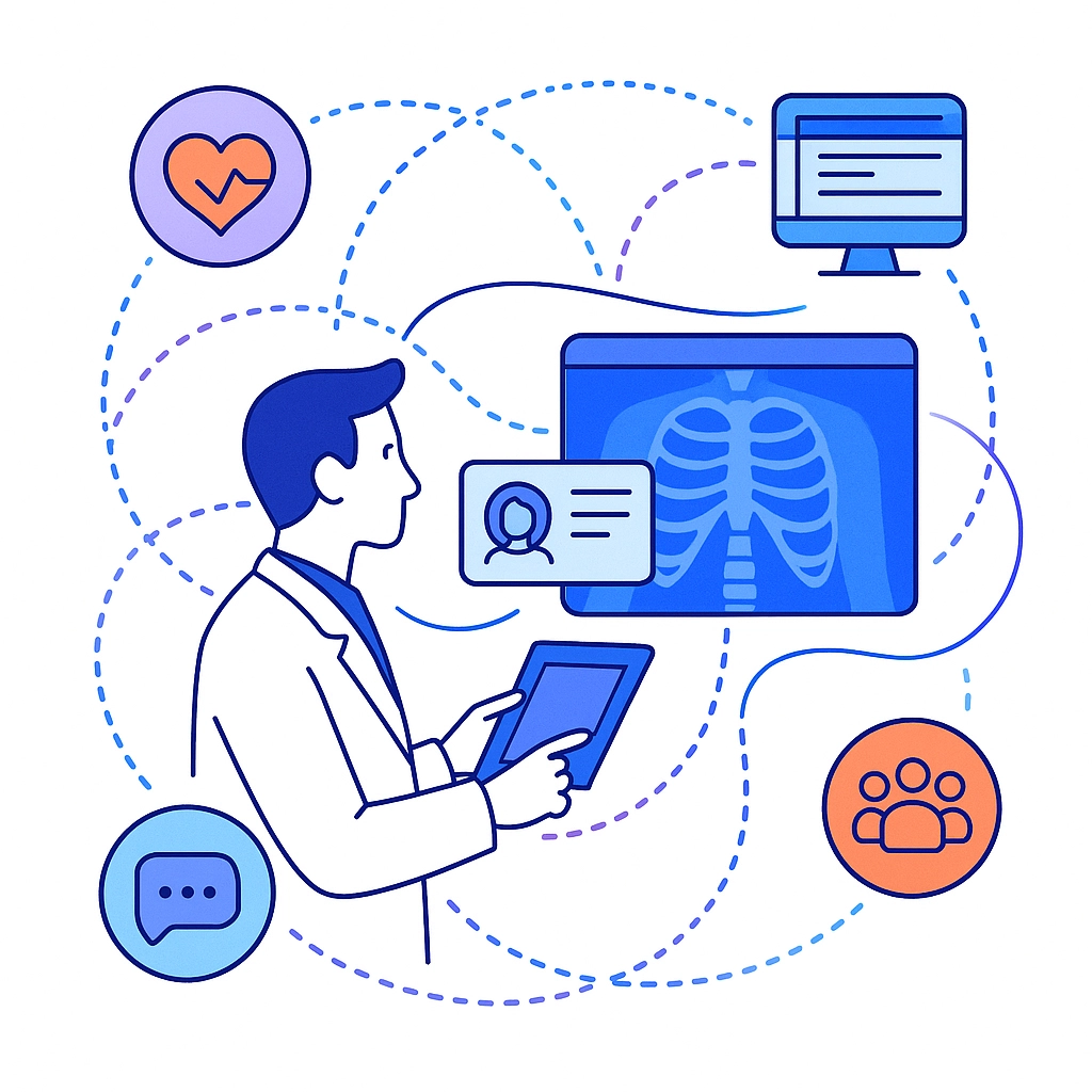 A radiologist stands at a digital console with imaging screens and dotted-line connectors symbolizing personalized engagement and connectivity.