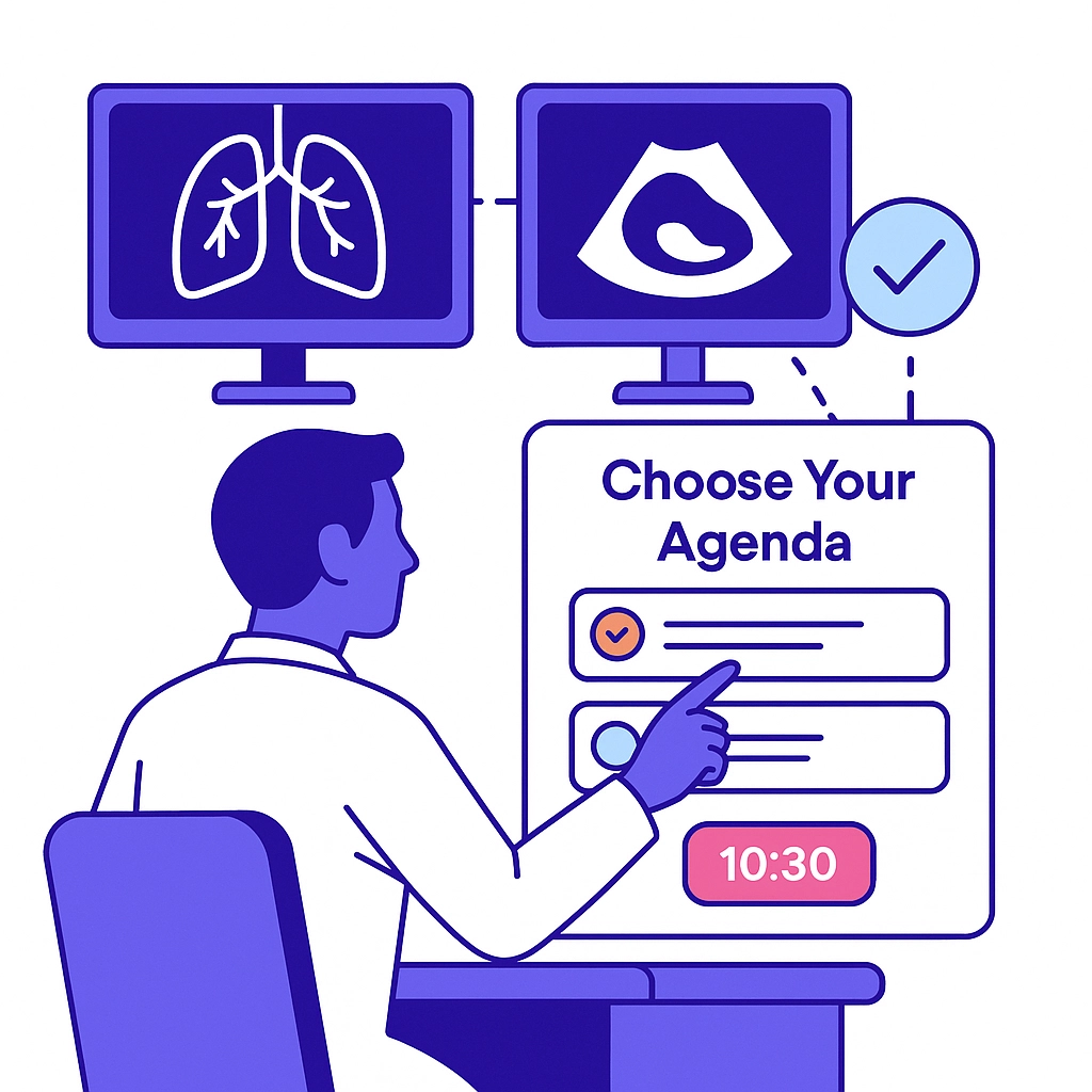 A clinician selects preferred RSNA topics and time slots on a digital agenda screen linked to session icons.