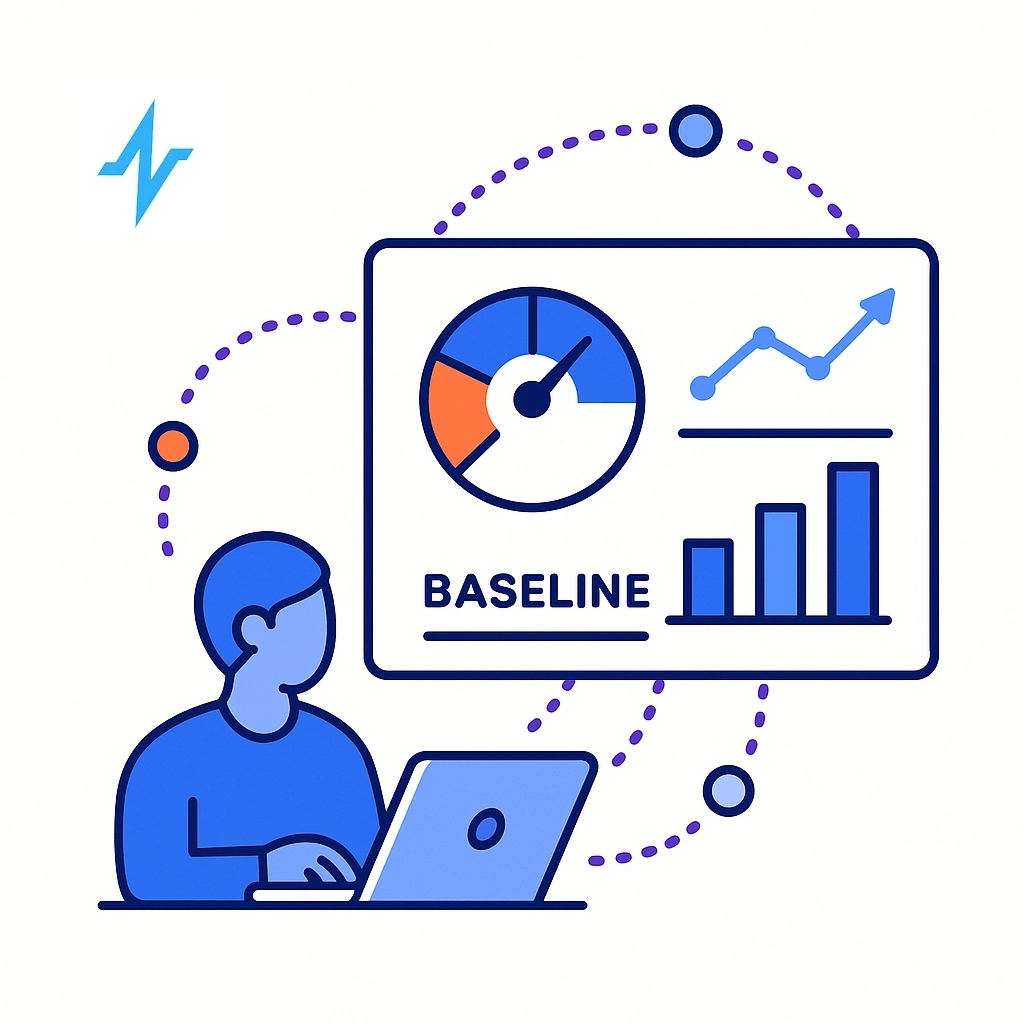 A digital dashboard with a gauge, bar chart, and line graph labeled baseline sets pre‑event performance benchmarks.