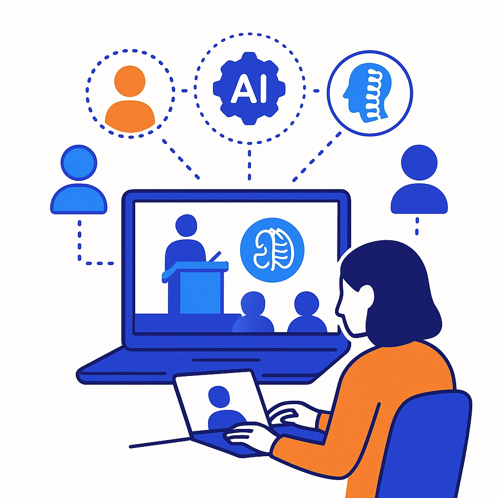 A remote attendee watches a conference speaker with AI and workflow icons connecting to their laptop through dotted lines.