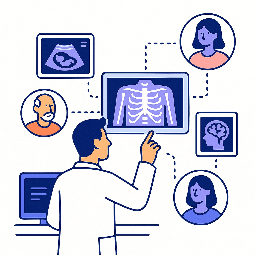 A doctor reviews multiple patient images with dotted-line connections illustrating individualized care and personalization during RSNA 2025.