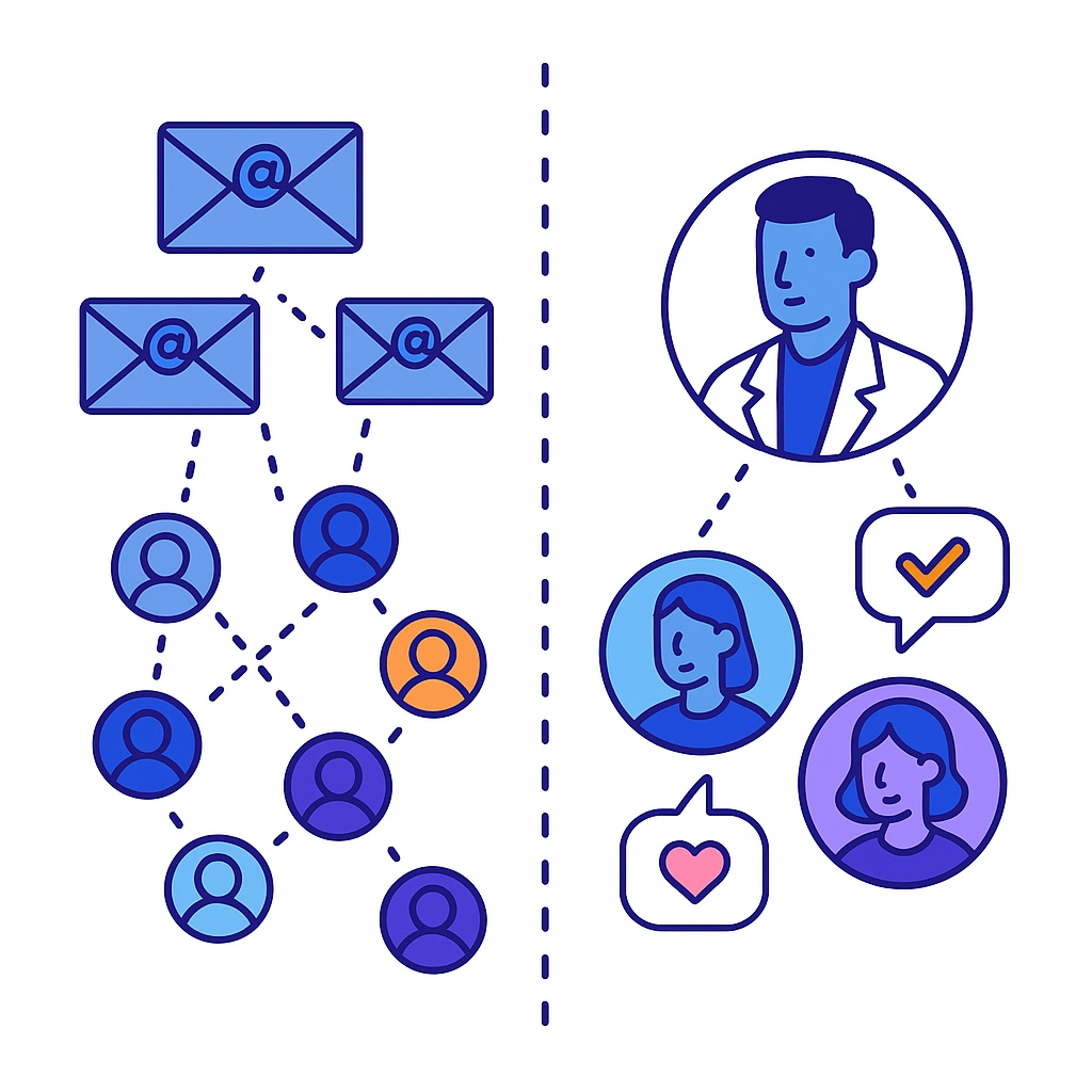 A split‑screen graphic contrasts generic mass outreach versus personalized interactions using dotted‑line connectors.