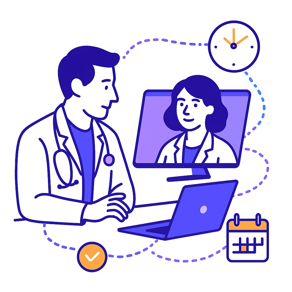 A doctor uses a laptop while calendar and mobile icons connected via dotted lines illustrate scheduling of digital invites.