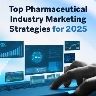 A laptop user viewing floating digital dashboards, graphs, and analytics related to pharmaceutical marketing performance.