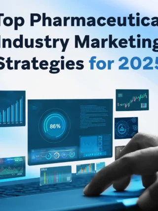 A laptop user viewing floating digital dashboards, graphs, and analytics related to pharmaceutical marketing performance.