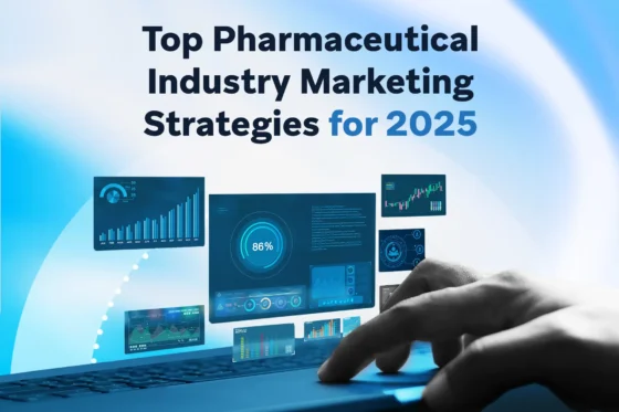 A laptop user viewing floating digital dashboards, graphs, and analytics related to pharmaceutical marketing performance.