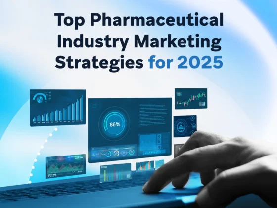 A laptop user viewing floating digital dashboards, graphs, and analytics related to pharmaceutical marketing performance.